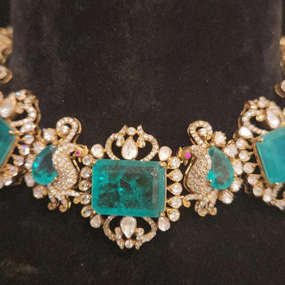 92.5 Silver Emerald Peacock Necklace Set