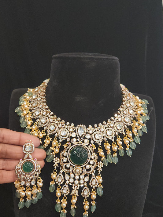Polki kundan heavy bridal neckset with carved emeralds stones