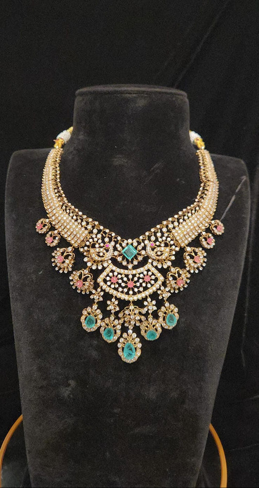 Regal Victorian Moissanite 92.5 Silver Tussi Necklace Set