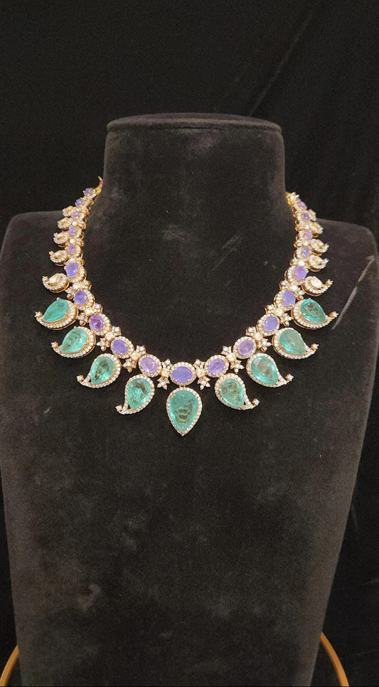 Exquisite Moissanite Emerald Mango 92.5 Silver Necklace Set