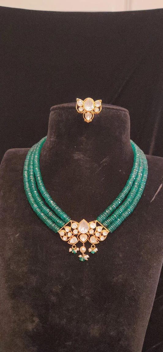 Luxurious Polki Moissanite Lotus 92.5 Silver Pendent Precius Beads Mala