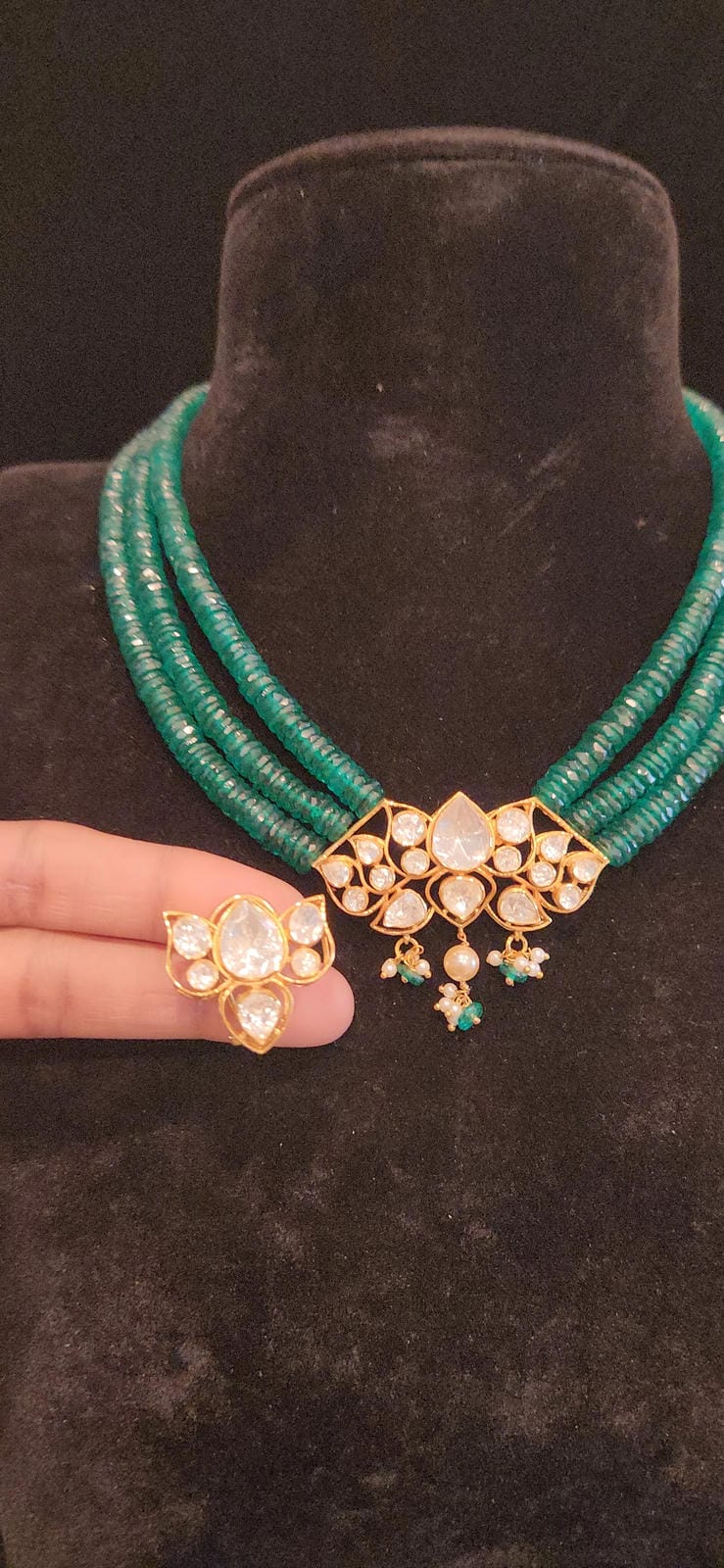 Luxurious Polki Moissanite Lotus 92.5 Silver Pendent Precius Beads Mala