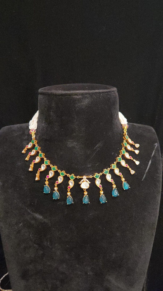 Stunning Kundan Moissanite 92.5 Silver Necklace Set