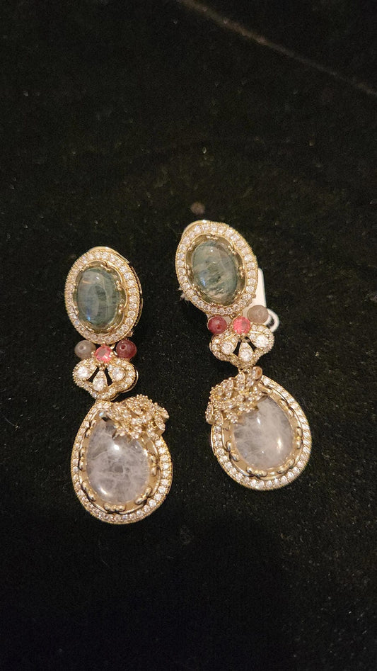 Large Emerald & White Gemstone Earrings