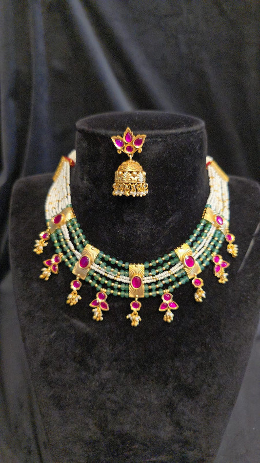 Gold Finish Pink Kundan Necklace Set