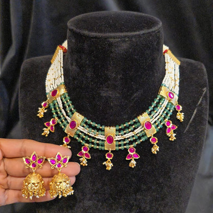 Gold Finish Pink Kundan Necklace Set