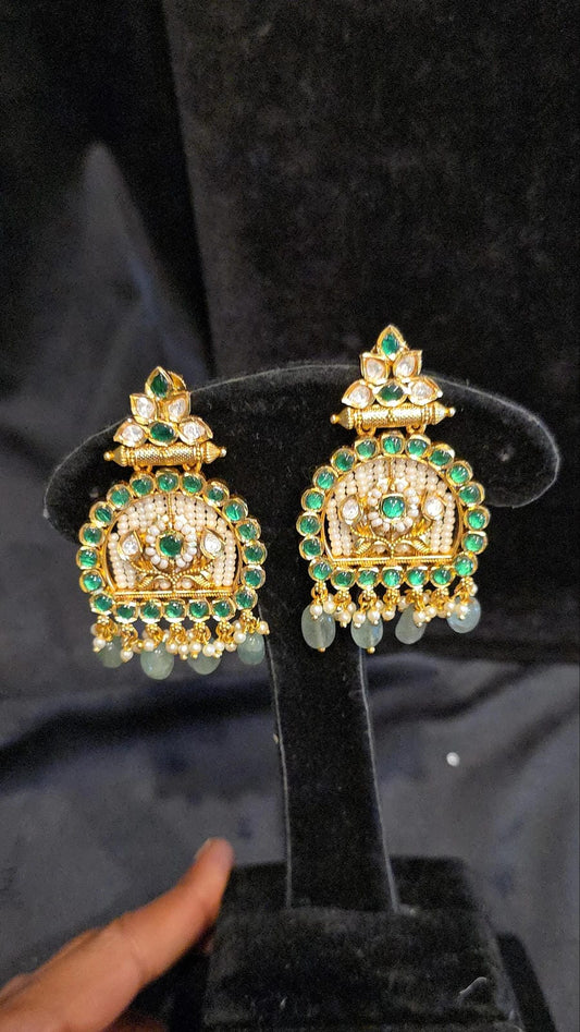Green & White Kundan Earrings