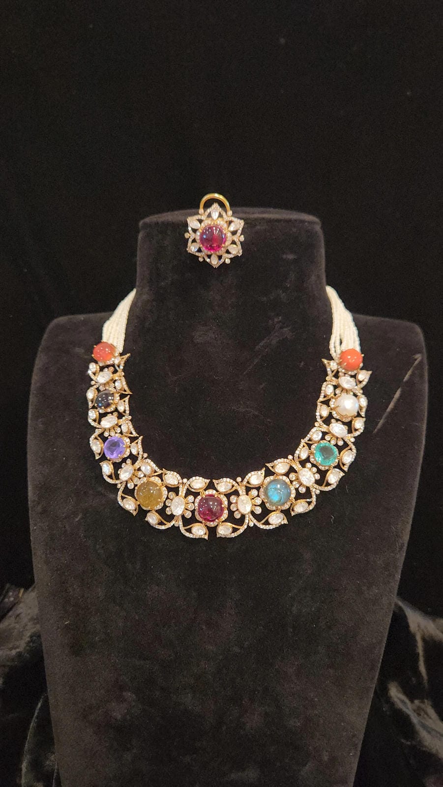 Brilliant Navratan 92.5 Silver Necklace Set