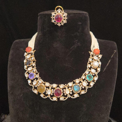 Brilliant Navratan 92.5 Silver Necklace Set