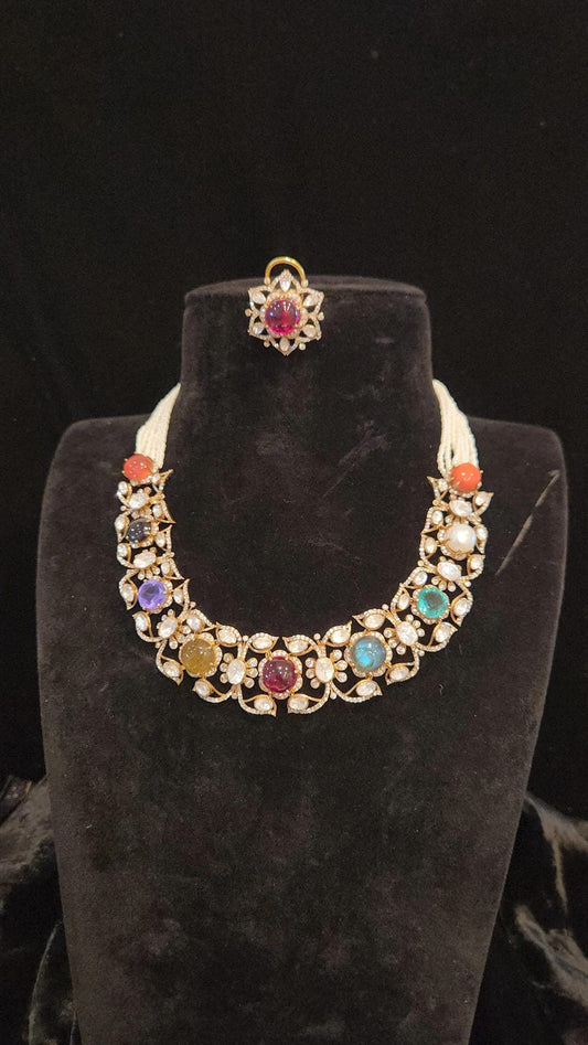 Brilliant Navratan 92.5 Silver Necklace Set