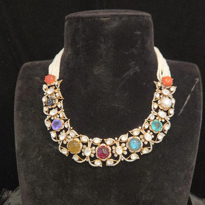 Brilliant Navratan 92.5 Silver Necklace Set