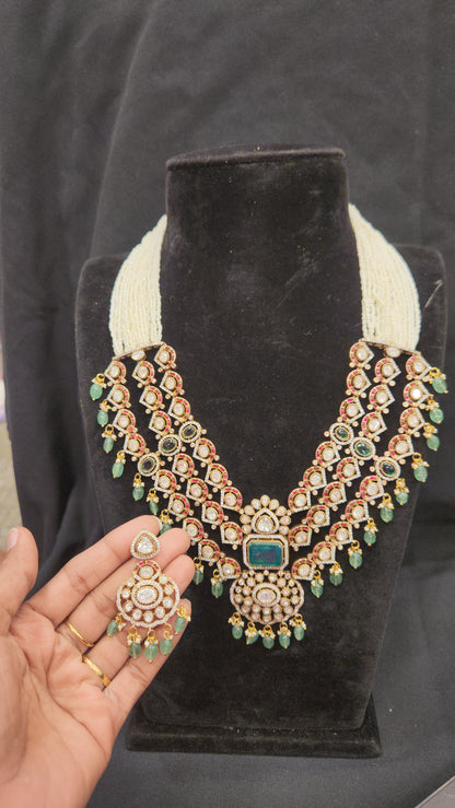 3-Layered Kundan & Moissanite Necklace Set