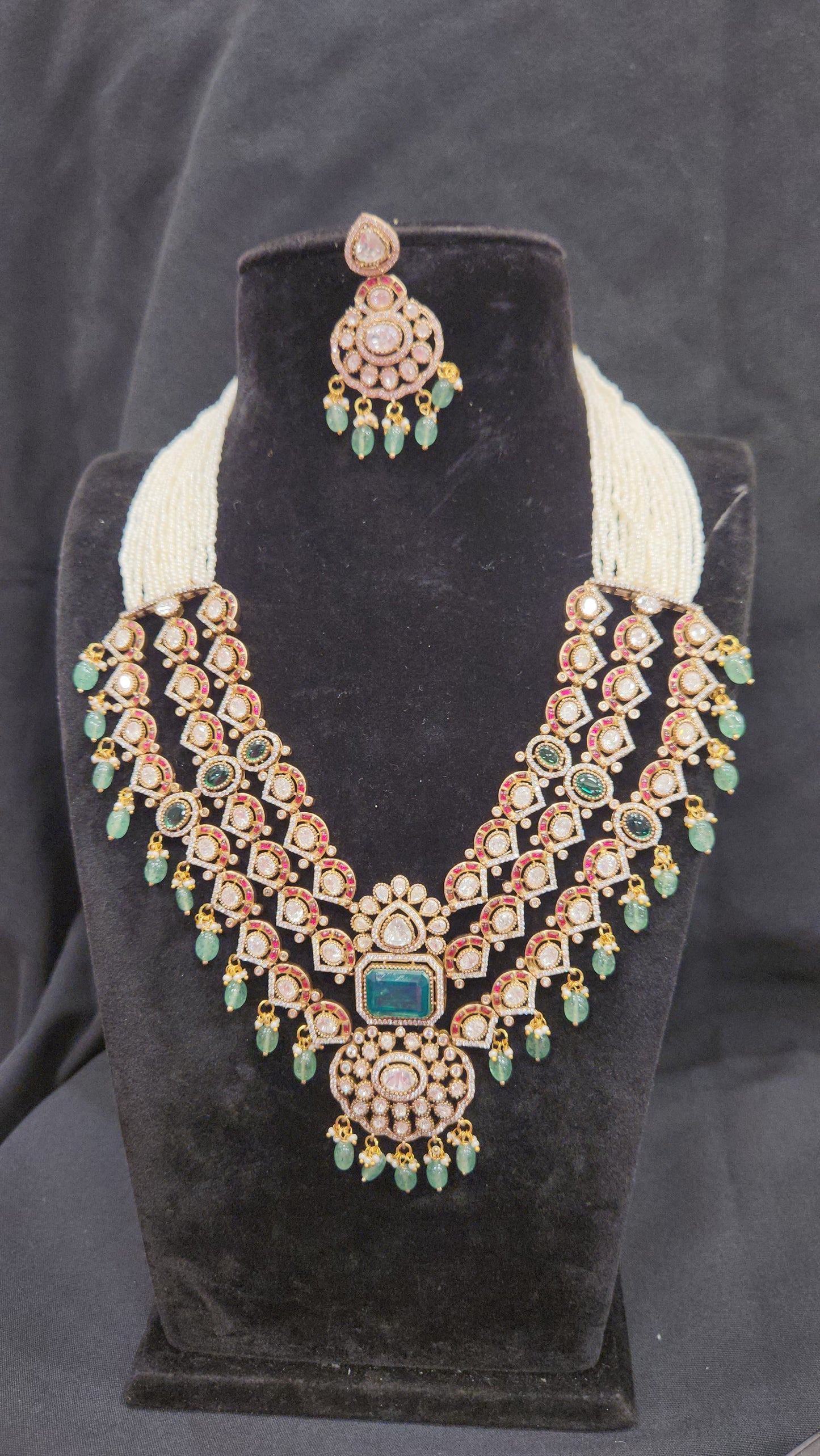 3-Layered Kundan & Moissanite Necklace Set