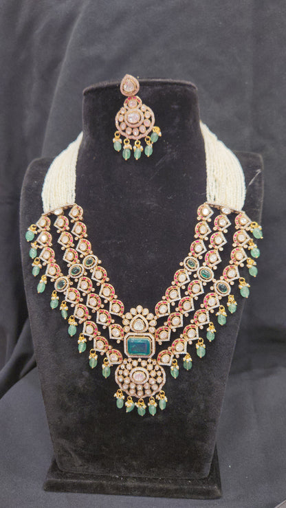 3-Layered Kundan & Moissanite Necklace Set