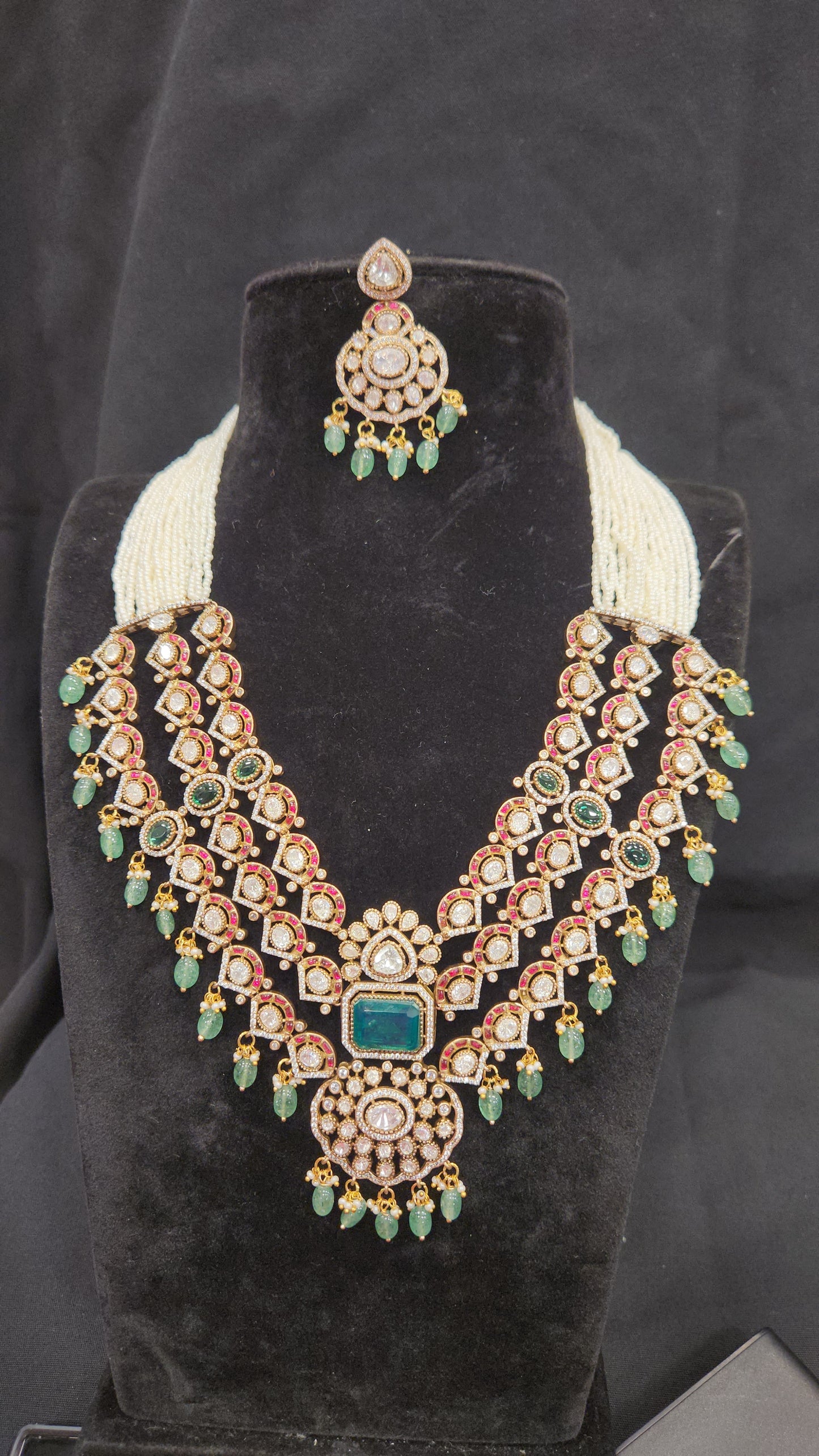 3-Layered Kundan & Moissanite Necklace Set