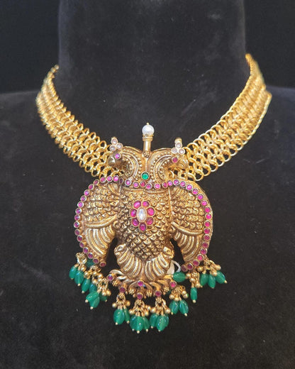 92.5 Silver Antique Finish Garuda Pendant Mesh Chain Set