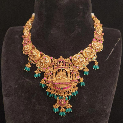 92.5 Silver Nakshi Finish Necklace Set, Handcrafted Temple Jewelry