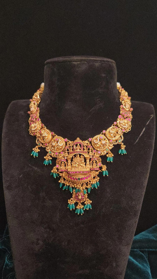 92.5 Silver Nakshi Finish Necklace Set, Handcrafted Temple Jewelry