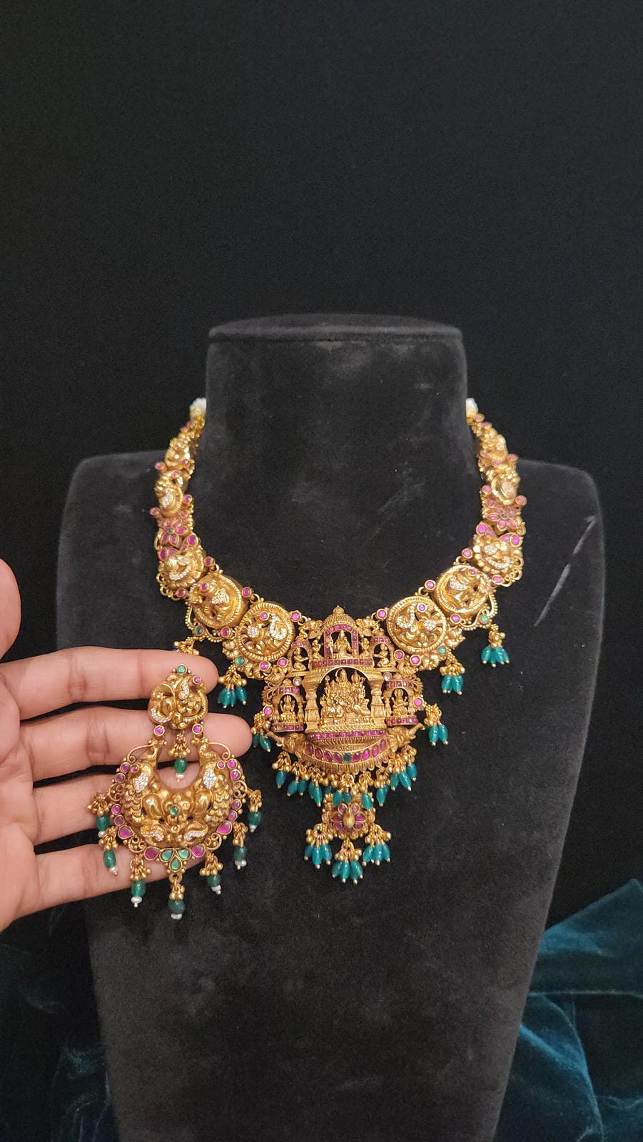 92.5 Silver Nakshi Finish Necklace Set, Handcrafted Temple Jewelry