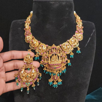 92.5 Silver Nakshi Finish Necklace Set, Handcrafted Temple Jewelry
