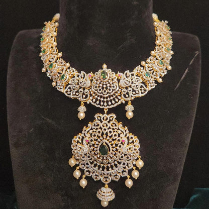 92.5 Silver Diamond Finish Peacock & Emeralds Necklace Set