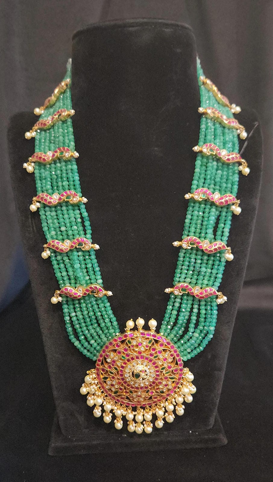 8-Layered Green CZ Bead Haram Set with Pachi Kundan Pendent
