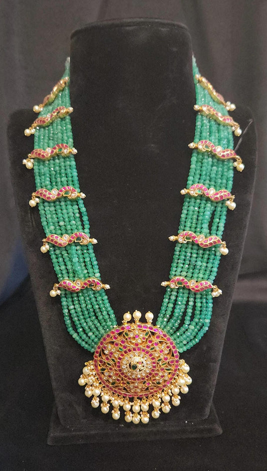 8-Layered Green CZ Bead Haram Set with Pachi Kundan Pendent