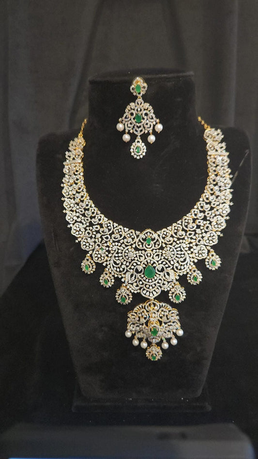 Diamond Finish Emerald Haram Set, Detachable Pendent