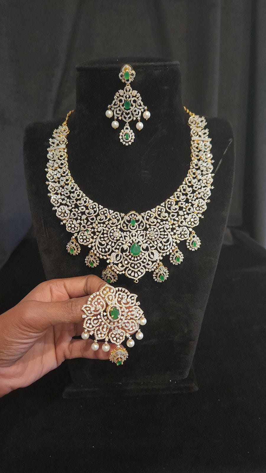 Diamond Finish Emerald Haram Set, Detachable Pendent