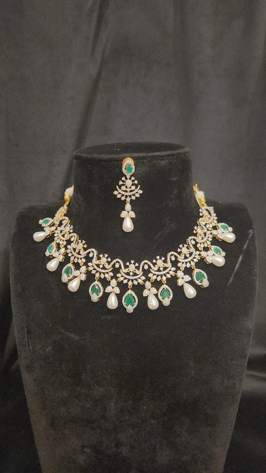 Diamond Finish Floral, Emeralds Necklace Set