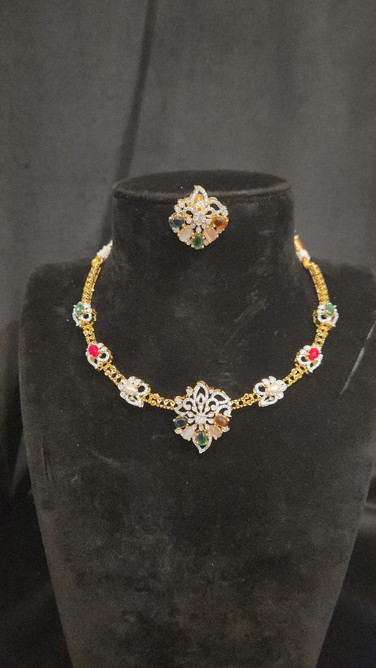 Gold Finish Navaratan Floral Kante Set