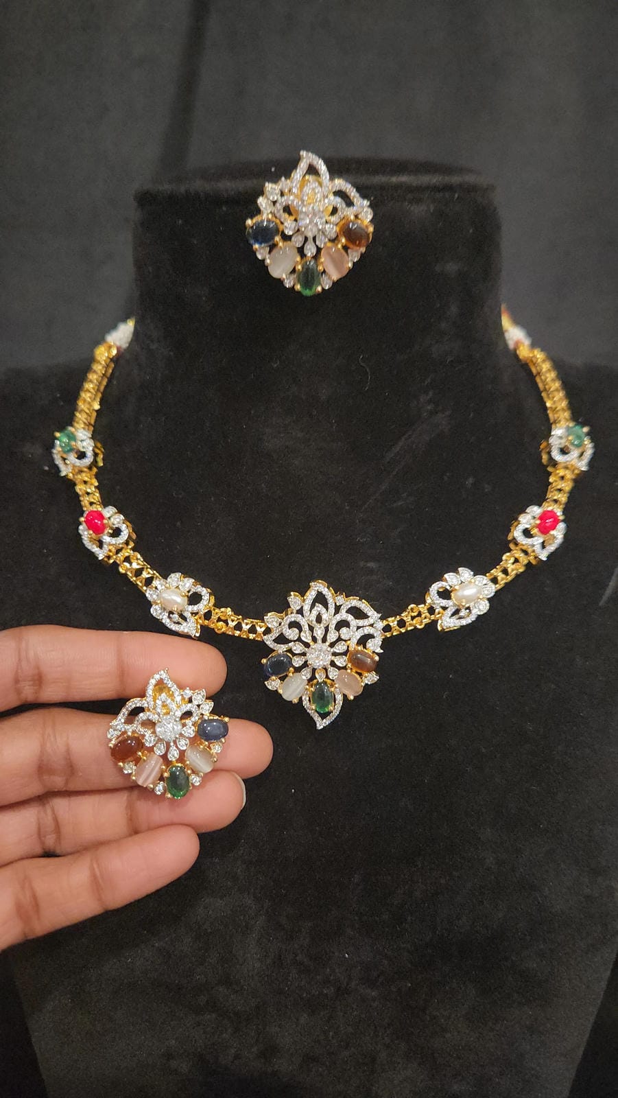 Gold Finish Navaratan Floral Kante Set