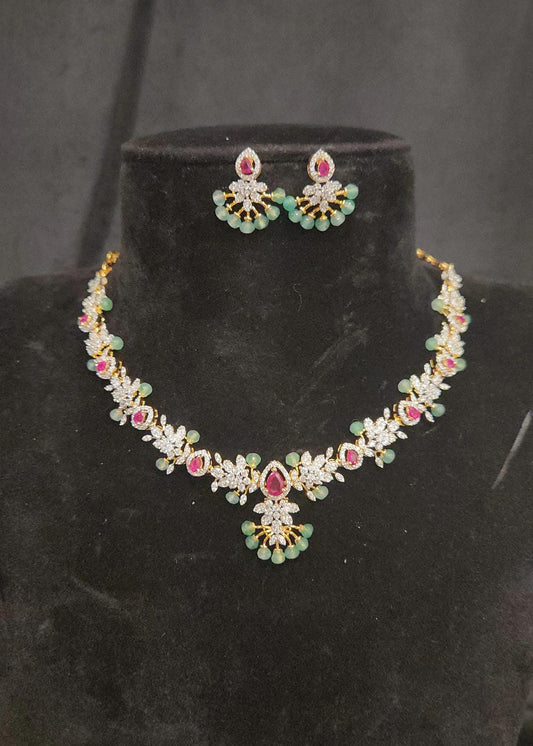 Diamond Finish Floral & Emerald Necklace Set