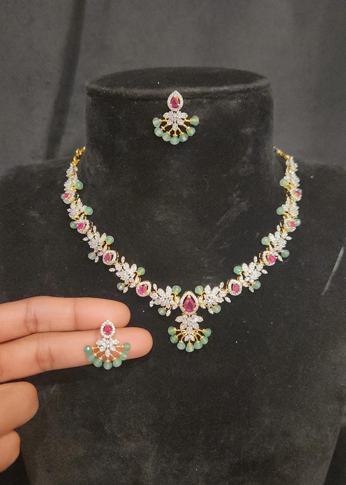 Diamond Finish Floral & Emerald Necklace Set