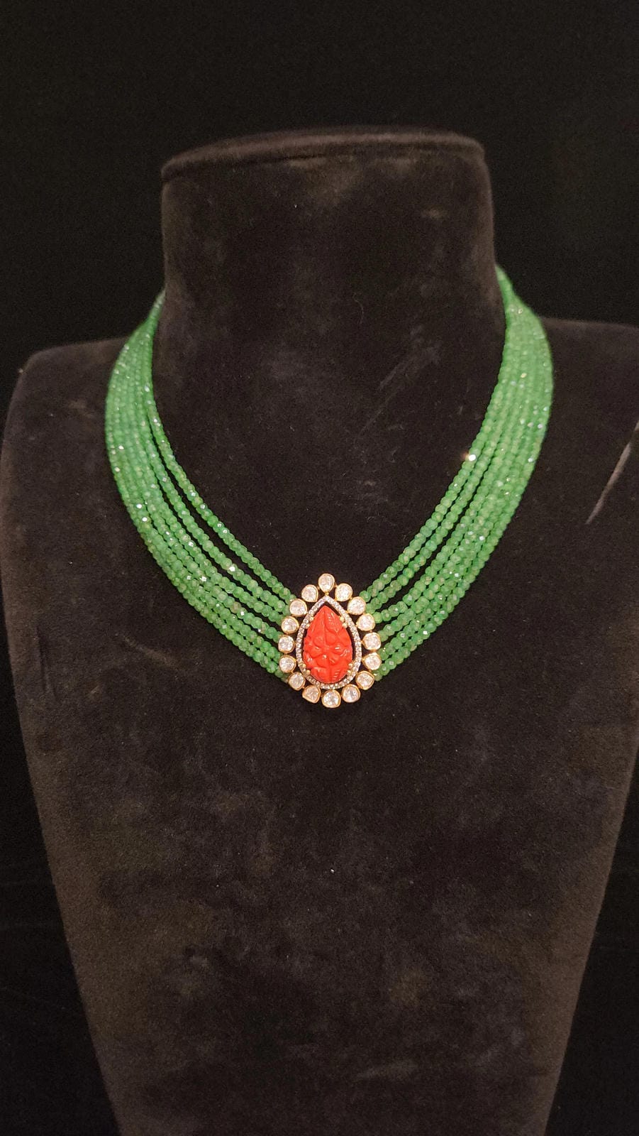 Swarovski CZ Green Beads Mala with 92.5 Silver Moissanite & Coral Pendent