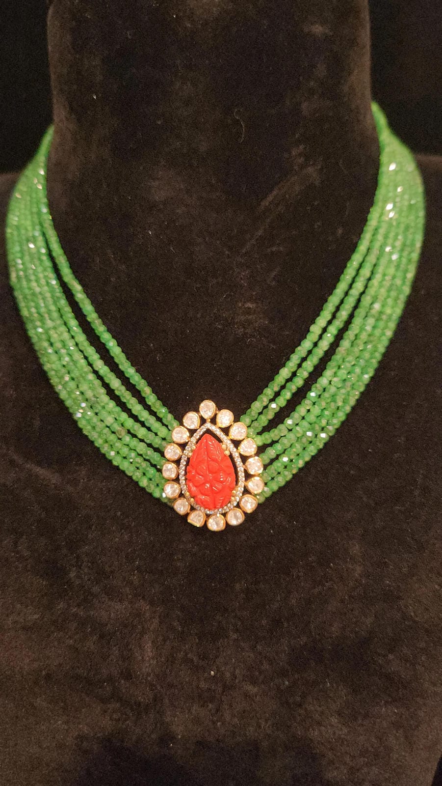 Swarovski CZ Green Beads Mala with 92.5 Silver Moissanite & Coral Pendent