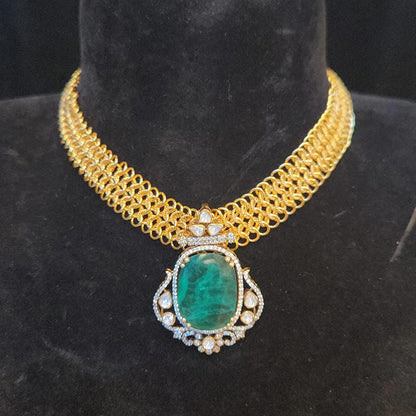 Gold Mesh Necklace with 92.5 Silver Detachable Emerald Pendant