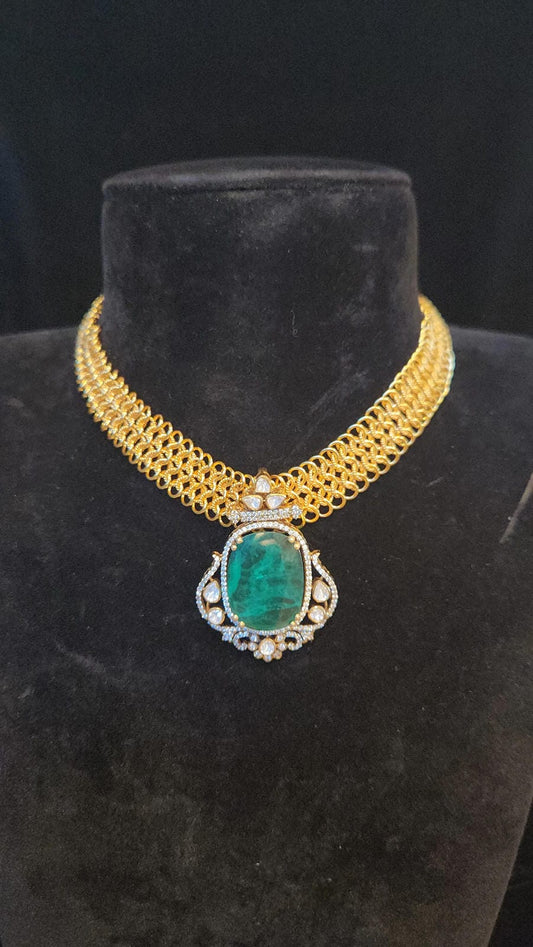 Gold Mesh Necklace with 92.5 Silver Detachable Emerald Pendant