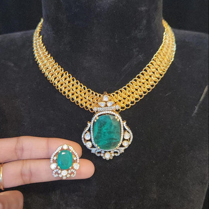 Gold Mesh Necklace with 92.5 Silver Detachable Emerald Pendant