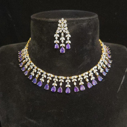 Luxury Diamond Finish Tear Drop Necklace Set in Purple and Emerald colors