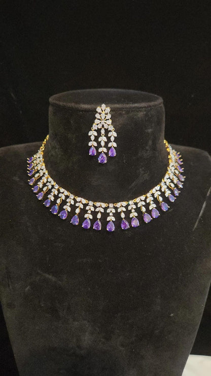 Luxury Diamond Finish Tear Drop Necklace Set in Purple and Emerald colors