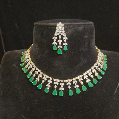 Luxury Diamond Finish Tear Drop Necklace Set in Purple and Emerald colors