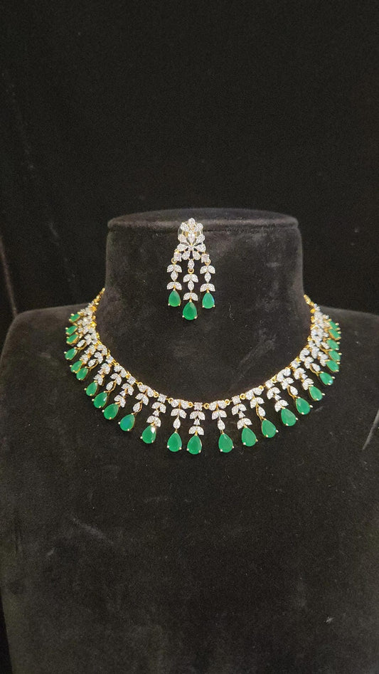 Luxury Diamond Finish Tear Drop Necklace Set in Purple and Emerald colors