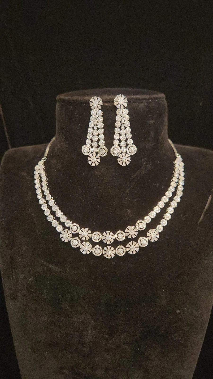 Sparkling Rhodium Finish Double Layer Necklace Set