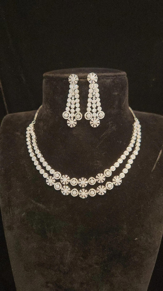 Sparkling Rhodium Finish Double Layer Necklace Set