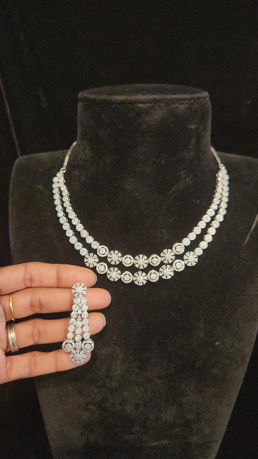 Sparkling Rhodium Finish Double Layer Necklace Set