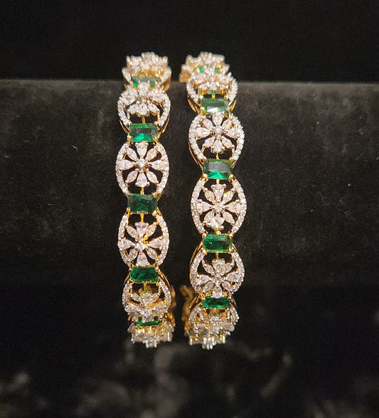 Brilliant Diamond Finish Oval Flower Emerald Bangles