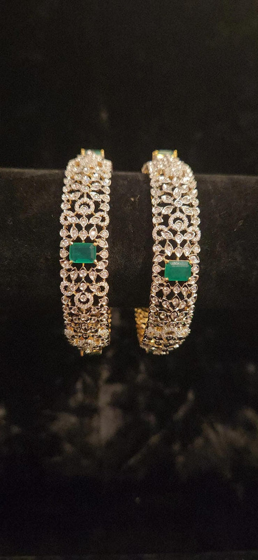 Brilliant Diamond Finish Floral Broad Emerald Bangles