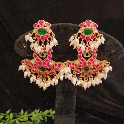 Traditional Kundan Peacock Chandbali Earrings | Real Pearls