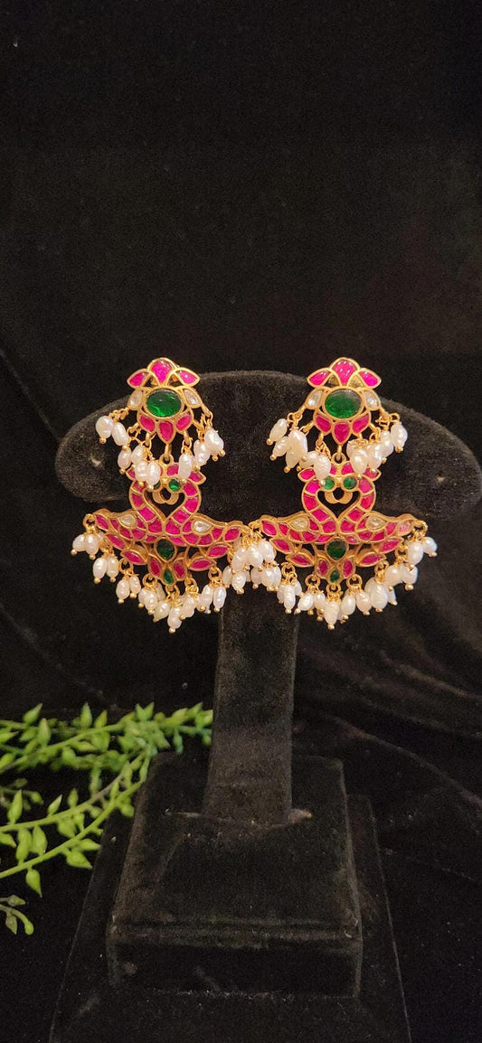 Traditional Kundan Peacock Chandbali Earrings | Real Pearls